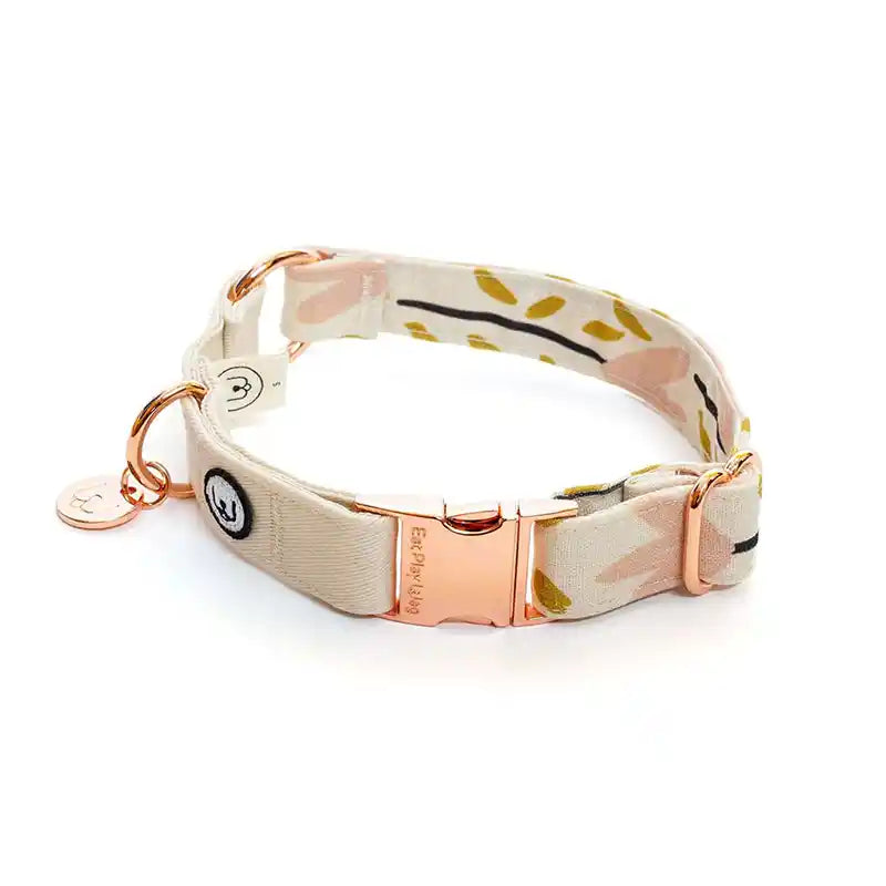 eat play wag ivory floral patterned dog collar with rose gold hardware