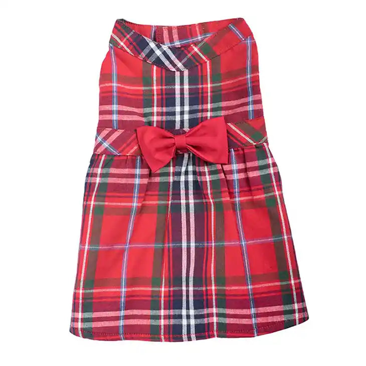 red plaid dog dress with bow