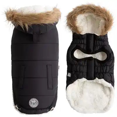 hooded dog parka with fur trim