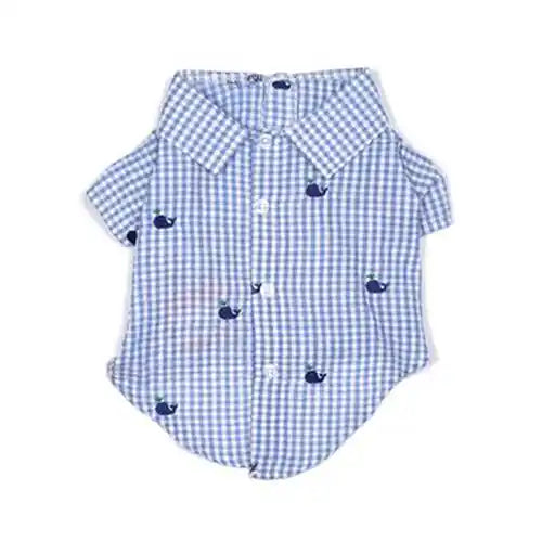 blue gingham whales dog button down shirt
