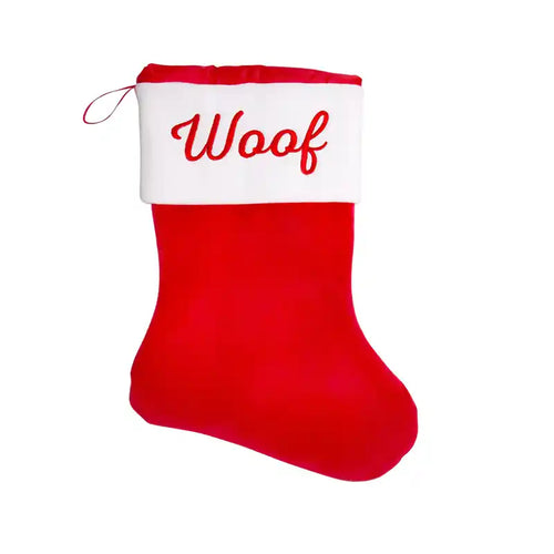 'woof' holiday dog christmas stocking