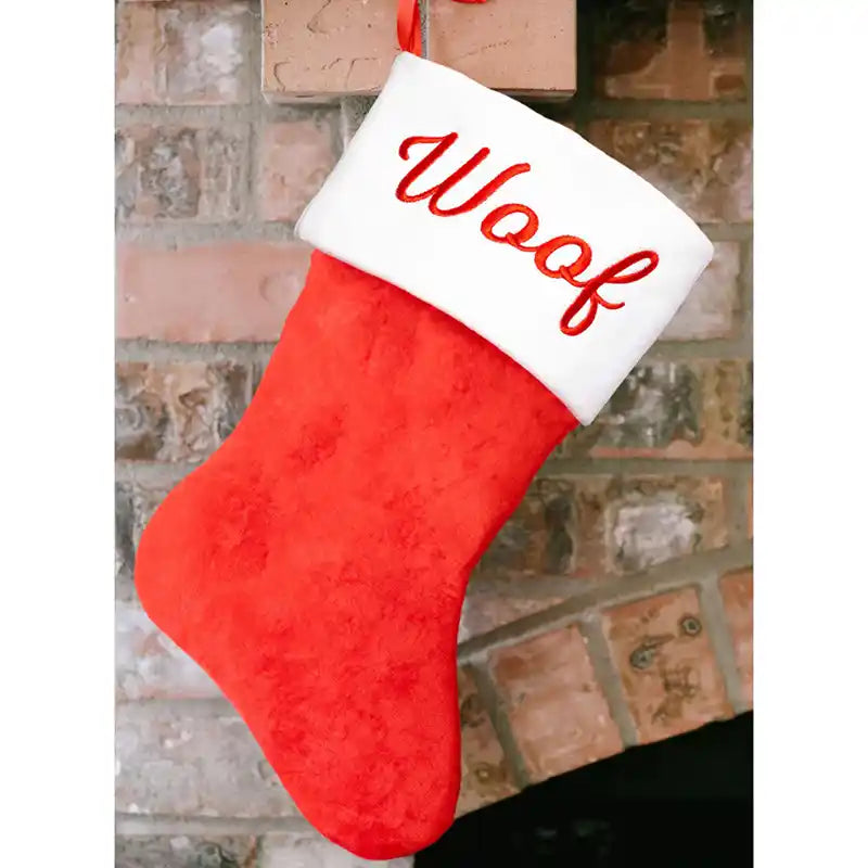 'woof' holiday dog christmas stocking hanging